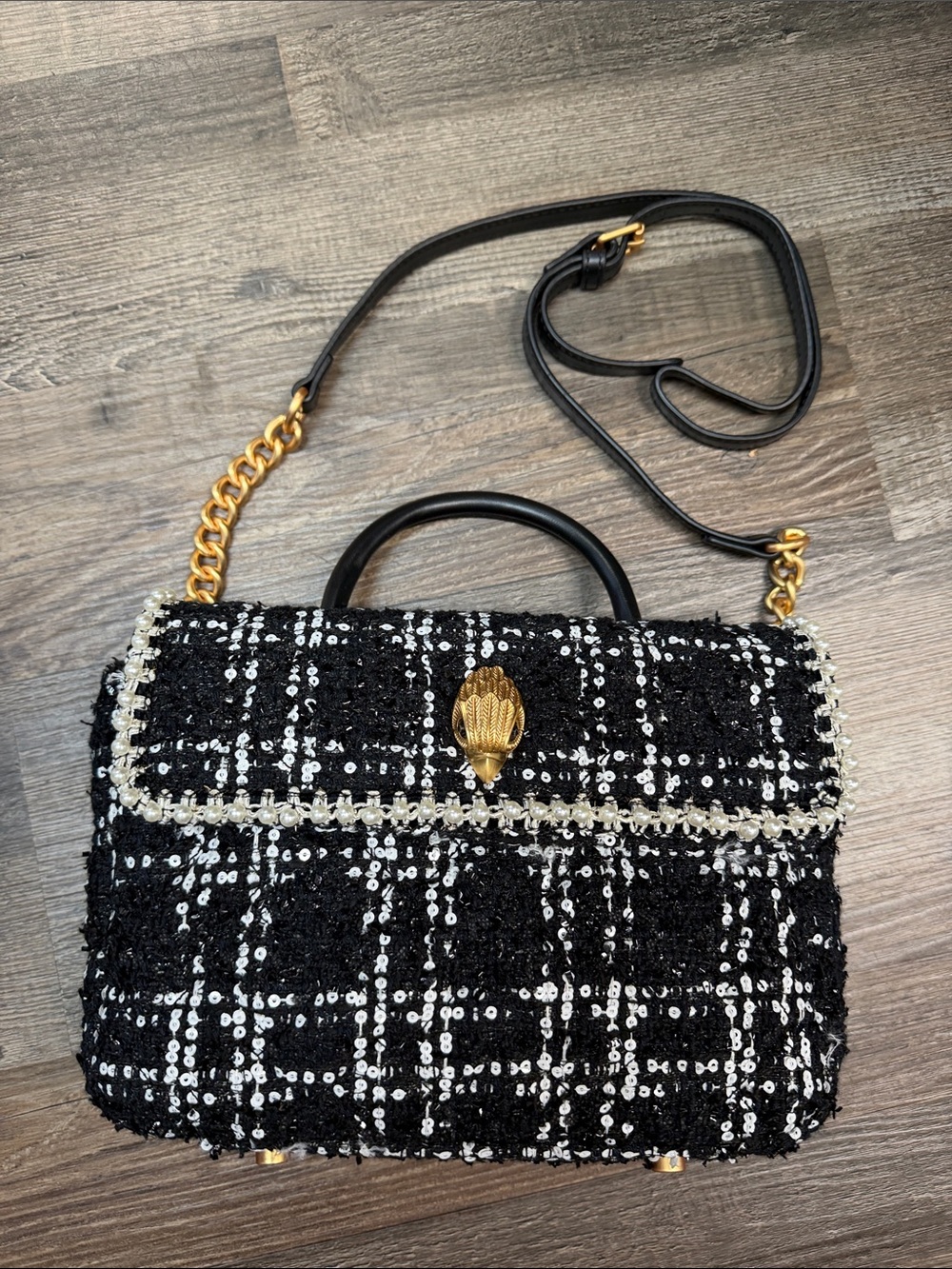 Kurt Geiger Tweed Black White Kensington Sequin Pearl Trim Handbag Purse - Picture 2 of 11